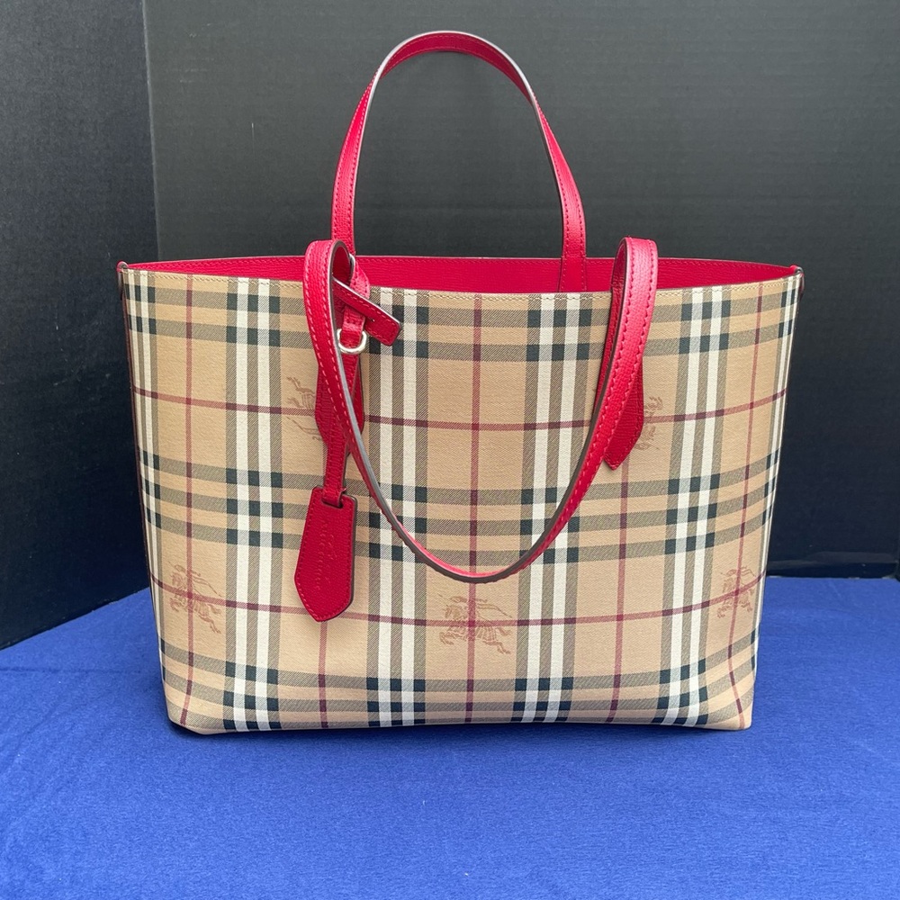 UEC-Burberry Haymarket Colours Check Leather Reverse Tote- Poppy Red